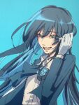  1girl ado_(utaite) blue_background blue_bow blue_bowtie blue_coat blue_eyes blue_flower blue_hair blue_rose bow bowtie chando_(ado) coat collared_shirt colored_inner_hair dark_blue_hair dress_shirt floating_hair flower flower_brooch gloves hair_between_eyes highres long_hair multicolored_hair open_clothes open_coat open_mouth rose shirt solo teeth tucking_hair upper_teeth_only urushi_(urushi_art) utaite white_gloves white_shirt 