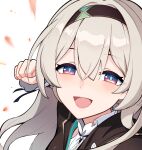  1girl :d absurdres black_hairband blue_pupils blush clenched_hand english_commentary firefly_(honkai:_star_rail) floating_hair gradient_eyes grey_hair hair_between_eyes hair_intakes hairband half-closed_eyes highres honkai:_star_rail honkai_(series) incoming_attack incoming_punch long_hair looking_at_viewer multicolored_eyes punching purple_eyes red_eyes smile solo upper_body wellsy white_background 