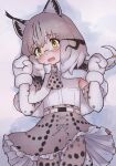  1girl animal_ears animal_print blush brown_hair cat_ears cat_girl cat_print elbow_gloves embarrassed eurasian_lynx_(kemono_friends) frilled_skirt frills fur_trim gloves gray_gray hair_between_eyes high-waist_skirt highres kemono_friends light_brown_hair long_hair looking_at_viewer lying mittens multicolored_hair necktie on_back open_mouth pantyhose print_capelet print_gloves print_necktie print_pantyhose print_skirt semi-rimless_eyewear shirt short_necktie sidelocks skirt snow solo twintails white-framed_eyewear white_fur white_hair white_mittens white_shirt yellow_eyes 