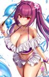  1girl absurdres bare_shoulders bikini bracelet breasts cleavage collarbone fate/grand_order fate_(series) flower hair_between_eyes hair_flower hair_ornament highres jewelry kook large_breasts long_hair looking_at_viewer microskirt navel purple_bikini purple_hair red_eyes scathach_(fate) scathach_skadi_(fate) scathach_skadi_(swimsuit_ruler)_(fate) scathach_skadi_(swimsuit_ruler)_(first_ascension)_(fate) see-through skirt smile solo swimsuit thighs twintails wand 