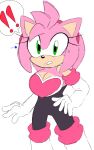 5:8 accessory amy_rose anthro armor armwear bodysuit boots breastplate breasts cleavage clothed clothing cosplay elbow_gloves eulipotyphlan exclamation_point female footwear gloves green_eyes hair_accessory hairband handwear hedgehog hi_res mammal pink_body sakura_2739 sega shocked skinsuit solo sonic_the_hedgehog_(series) speech_bubble tight_clothing