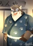  absurd_res anthro asian_clothing blue_eyes canid canine canis clothing domestic_dog east_asian_clothing eyebrows facial_scar fur grey_body grey_fur hi_res japanese_clothing japanese_text kamakitoron kimono lifewonders male mammal moritaka_(tas) overweight scar solo text thick_eyebrows tokyo_afterschool_summoners 