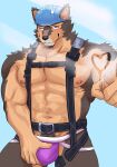 abs anthro armor blush brown_body brown_fur bulge canid canine canis clothing domestic_dog eyebrows fur harness headgear heart_symbol helmet hi_res ho_jiro jockstrap lifewonders live_a_hero male mammal muscular muscular_anthro muscular_male nipples pecs pubraseer purple_eyes self_grope solo thick_eyebrows underwear