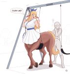 blonde_hair centaur clothed clothing dialogue dress duo equid equid_taur european_mythology female fiffer greek_mythology hair hi_res hooves human humanoid_taur larger_female looking_back male mammal mammal_taur mythology size_difference smaller_human smile swing_set taur text