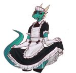  2021 ambiguous_gender armwear banoncat bottomwear bow_tie clothed clothing clothing_lift elbow_gloves exposed_thighs garter_belt_legwear gloves handwear hi_res horn kobold leg_warmers legwear looking_aside maid_headdress maid_uniform overbite_fang raised_tail simple_background skirt skirt_lift tail uniform 