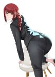  1girl absurdres ass bellone bent_over black_pants braid braided_ponytail chainsaw_man chair from_behind highres knee_up long_hair looking_at_viewer makima_(chainsaw_man) pants pantylines parted_lips red_hair ringed_eyes simple_background solo suit white_background yellow_eyes 