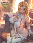  1girl blonde_hair blush braid breasts character_request cleavage covered_nipples cross crown_braid cutesexyrobutts elbow_gloves elf gloves highres holding iron_cross jewelry junk_hero large_breasts long_hair long_pointy_ears looking_at_viewer navel open_mouth panties pointy_ears see-through sitting smile solo string_panties thick_thighs thighhighs thighs underwear white_gloves white_panties white_thighhighs yellow_eyes 