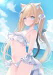  1girl animal_ears arms_behind_back bikini bikini_skirt blonde_hair blue_eyes blue_sky blush breasts cat_ears cat_girl cat_tail commission frilled_bikini frills hair_ornament hair_ribbon highres kurage_cc long_hair looking_at_viewer navel ocean original ribbon skeb_commission sky small_breasts solo stomach swimsuit tail twintails x_hair_ornament 