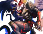  abs anthro bandai_namco beelzemon blonde_hair claws clothing digimon digimon_(species) duo evolutionary_family eyes_closed gloves hair handwear hug humanoid impmon male mask muscular muscular_humanoid muscular_male purple_body red_eyes rode3434 wings 