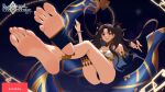  1girl absurdres anklet bare_shoulders barefoot black_hair blue_background blush breasts bridal_gauntlets chain cleavage collarbone commentary crossed_ankles earrings elbow_gloves english_commentary eyelashes fate/grand_order fate_(series) feet floating foreshortening full_body gloves gold_trim greek_toe hair_ornament highres hoop_earrings ishtar_(fate) jewelry legs logo_parody long_hair looking_at_viewer medium_breasts mohoshadream no_shoes paid_reward_available parted_bangs red_eyes single_glove single_thighhigh smile solo stirrup_legwear thighhighs toeless_legwear toes very_long_hair 