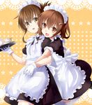  alternate_costume apron bad_id bad_twitter_id brown_eyes brown_hair cup enmaided fang folded_ponytail garter_straps gloves hair_ornament hairclip hug hug_from_behind ikazuchi_(kantai_collection) inazuma_(kantai_collection) kantai_collection maid maid_apron maid_headdress multiple_girls natsupa open_mouth teacup teapot thighhighs tray white_gloves white_legwear yellow_eyes 