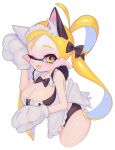 1girl animal_ear_fluff animal_ears animal_hands black_bow black_panties blonde_hair bow breasts cleavage commentary cropped_legs d_msy8 eyelashes fake_animal_ears fang gloves hair_bow hair_rings highres inkling inkling_girl inkling_player_character large_breasts leaning_forward long_hair looking_at_viewer one_eye_closed open_mouth panties paw_gloves pointy_ears simple_background smile solo splatoon_(series) symbol-only_commentary tentacle_hair underwear white_background 