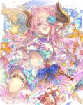  1girl alternate_costume bare_shoulders blue_eyes breasts bug butterfly cheerleader crop_top glowing_butterfly granblue_fantasy hair_over_one_eye haku_(sabosoda) highres horns large_breasts long_hair miniskirt narmaya_(granblue_fantasy) open_mouth pink_hair pleated_skirt pointy_ears pom_pom_(cheerleading) shirt skirt sleeveless sleeveless_shirt smile solo stuffed_animal stuffed_toy teeth underboob upper_teeth_only vyrn_(granblue_fantasy) white_shirt white_skirt 