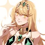  1girl bare_shoulders blonde_hair breasts cleavage core_crystal_(xenoblade) eyelashes long_hair looking_at_viewer mythra_(xenoblade) simple_background solo sparkle tiara tomi_(sooon103) upper_body white_background xenoblade_chronicles_(series) xenoblade_chronicles_2 yellow_eyes 