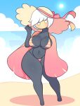  absurd_res beach bikini bow_ribbon breasts cape clothing female grateful_shell_collector hair hat headgear headwear hi_res humanoid mask puppysnackz short_hair sky sky_children_of_the_light solo sun_hat swimwear thick_thighs 