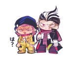  2boys :&lt; animal_collar badge bandaged_hand bandages beanie belt belt_buckle black_belt black_coat black_hair black_hat black_pants boots braid buckle chain chain_leash chibi closed_mouth coat collar collared_coat commentary_request cross_print danganronpa_(series) danganronpa_2:_goodbye_despair frown furrowed_brow green_jumpsuit grey_eyes grey_footwear half-closed_eyes hat heterochromia high_collar holding holding_leash jacket joonoyuki jumpsuit knee_boots layered_sleeves leash light_blush long_sleeves looking_at_viewer male_focus medium_hair multicolored_hair multiple_boys nervous_sweating object_request open_clothes open_coat open_jacket pants partially_unzipped pink_eyes pink_hair pink_scarf red_coat red_eyes scar scar_across_eye scarf shirt shoes sideburns simple_background single_braid socks soda_kazuichi standing streaked_hair studded_collar sweat tanaka_gundham tongue two-sided_coat two-sided_fabric v-shaped_eyebrows white_background white_hair white_jacket white_shirt white_socks yellow_footwear zipper_pull_tab 