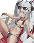  1girl absurdres bikini black_bikini blue_archive blush breasts choker dark-skinned_female dark_skin eyewear_on_head gloves grey_hair hair_over_one_eye halo highres iori_(blue_archive) iori_(swimsuit)_(blue_archive) liking long_hair looking_at_viewer multi-strapped_bikini_bottom navel official_alternate_costume pointy_ears red_eyes sitting small_breasts smile solo spread_legs stomach string_bikini sunglasses sweat swimsuit tail twintails very_long_hair 
