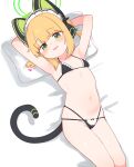  1girl absurdres adapted_costume animal_ear_headphones animal_ears armpits bare_arms bare_legs bare_shoulders bikini black_bikini blonde_hair blue_archive blush breasts cat_tail commentary english_commentary fake_animal_ears feet_out_of_frame green_eyes green_halo groin halo headphones heart highres lk149 looking_at_viewer lying maid maid_bikini maid_headdress midori_(blue_archive) midori_(maid)_(blue_archive) navel on_back open_mouth pillow short_hair small_breasts smile solo swimsuit tail unconventional_maid 