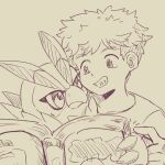 anthro avian bandai_namco beak bird cheek_to_cheek digimon digimon_(species) digimon_survive duo falcomon falcomon_(survive) grin hi_res human male mammal minoru_hyuga mofumi_corvus reading sketch smile