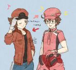  2boys aa-2153 ahoge appleko arrow_(symbol) blue_background brown_hair cosplay costume_switch crossover glasses gloves grey_gloves hataraku_saibou hataraku_saibou_black hilbert_(pokemon) hilbert_(pokemon)_(cosplay) hilbert_(sygna_suit)_(pokemon) male_focus multiple_boys musical_note pokemon pokemon_masters_ex red_blood_cell_(hataraku_saibou) red_blood_cell_(hataraku_saibou)_(cosplay) signature 