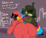 1-upclock 2024 amphibian anthro backsack balls big_balls big_butt bros_being_bros butt clothing dialogue frog froggo_jay genitals green_body hair hi_res hoodie lgbt_pride male male/male mask overweight overweight_male pansexual_pride_colors pride_colors red_body ren_(1-upclock) topwear