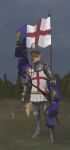  2021 anthro banner banoncat belt belt_buckle buckle canid canine canis chainmail container cup domestic_dog embroidery english_flag flag goblet hammer_weapon hi_res holding_flag holding_object looking_at_viewer male mammal medieval_armor melee_weapon outside scabbard solo sword visor_helmet weapon 
