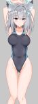  1girl animal_ear_fluff animal_ears arms_behind_head arms_up bare_arms bare_shoulders black_one-piece_swimsuit blue_archive blue_eyes breasts closed_mouth collarbone commentary_request competition_swimsuit covered_navel feet_out_of_frame grey_background grey_hair groin hair_between_eyes hair_ornament halo highres holding_another&#039;s_wrist iseshi medium_breasts one-piece_swimsuit shiroko_(blue_archive) shiroko_(swimsuit)_(blue_archive) simple_background smile solo standing swimsuit wolf_ears 
