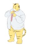  2024 anthro balls belly clothing felid flaccid genitals hi_res humanoid_hands kemono konbu male mammal necktie overweight overweight_male pantherine penis shirt simple_background solo tiger topwear white_background yellow_body 