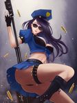  bandolier black_hair boots breasts bustier caitlyn_(league_of_legends) cartridge cleavage crop_top crop_top_overhang cross-laced_footwear fingerless_gloves gloves gun hat highres large_breasts league_of_legends long_hair looking_at_viewer midriff officer_caitlyn parted_lips police police_uniform qinglong_zaitian rifle sniper_rifle solo sunglasses uniform weapon 