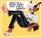  alone_on_a_friday_night_(meme) angel_(cinderwishes) anthro bottomwear brown_body brown_fur butt caracal caracal_(genus) cheek_tuft cinderwishes clothed clothing collar dialogue ear_tuft english_text facial_tuft fangs felid feline fur hair half-closed_eyes harness inner_ear_fluff leather leather_bottomwear leather_clothing leather_pants male mammal narrowed_eyes open_clothing open_mouth open_shirt open_smile open_topwear pants pawpads paws pink_pawpads shirt smile solo speech_bubble tan_body tan_fur teeth text topwear tuft white_hair 