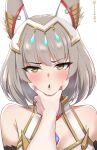  1girl :o animal_ears blush breasts cat_ears cheek_squash chest_jewel cleavage core_crystal_(xenoblade) face_grab facial_mark furrowed_brow grey_hair highres meme namu_(112namu) nia_(xenoblade) open_mouth pinching pov pov_cheek_grabbing_(meme) pov_hands short_hair small_breasts solo solo_focus squeezing_cheeks xenoblade_chronicles_(series) xenoblade_chronicles_3 yellow_eyes 