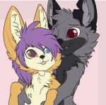  anthro arturo_wolff black_body black_fur blep canid canine canis countershading duo embrace eye_contact fennec_fox fox fur grey_body grey_fur hair hug looking_at_another looking_back male male/male mammal orange_body orange_fur purple_hair reverse_countershading simple_background smile smolsynthwave tongue tongue_out true_fox wolf yellow_body yellow_fur 