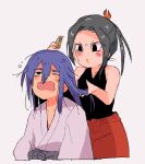  1boy 1girl black_eyes blue_hair blush brushing_another&#039;s_hair brushing_hair comb cropped_torso hair_between_eyes highres long_hair messy_hair motimamire sekaiju_no_meikyuu shinobi_2_(sekaiju) shogun_1_(sekaiju) sidelocks simple_background sleepy sleeveless white_background yawning 