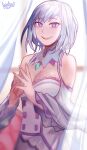  1girl artist_name bare_shoulders breasts cleavage curtains detached_collar dress emilia_(re:zero) gem green_gemstone highres indoors large_breasts long_sleeves looking_at_viewer medium_hair official_alternate_hairstyle open_mouth purple_eyes re:zero_kara_hajimeru_isekai_seikatsu smile solo steepled_fingers teeth upper_body vtoku white_hair window 