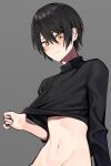  1boy agame_(agamemega) black_hair blush clothes_lift grey_background highres looking_at_viewer male_focus navel original short_hair simple_background solo stomach sweater sweater_lift tagme turtleneck yellow_eyes 