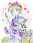  1girl 2024 blonde_hair blue_eyes blush calligraphy_brush crumpled_paper floral_print floral_print_kimono flower grin hair_ribbon highres japanese_clothes kimono lily_of_the_valley medicine_melancholy medinki official_style paintbrush purple_kimono red_ribbon ribbon sash short_hair smile su-san tassel teeth touhou wide_sleeves zun_(style) 