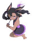  1girl animal_ears backless_dress backless_outfit barefoot black_dress black_hair blush commentary_request dark-skinned_female dark_skin dress fire foil_(fencing) full_body hair_ribbon hanoyama highres holding holding_sword holding_weapon looking_at_viewer magic medium_hair open_mouth purple_eyes purple_fire purple_ribbon quad_tails rabbit_and_steel rabbit_ears rabbit_girl ribbon short_bangs simple_background sleeveless sleeveless_dress solo spellsword_rabbit sword weapon white_background 