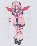  1girl black_footwear black_sailor_collar blonde_hair collar eyepatch full_body highres jacket long_hair long_sleeves makaino_ririmu makaino_ririmu_(4th_costume) mokapome multicolored_hair nijisanji pink_eyes pink_hair pink_jacket red_collar red_wings sailor_collar shirt shoes simple_background socks solo streaked_hair two_side_up virtual_youtuber white_background white_shirt white_socks wings 