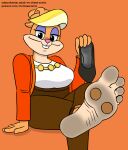  4_toes anthro barefoot blonde_hair buckteeth clothed clothing feet female fur hair hi_res lagomorph leporid looking_at_viewer looney_tunes mammal mrchasecomix orange_body orange_fur patricia_bunny pawpads rabbit shoes_removed soles teeth text the_looney_tunes_show toes url warner_brothers 