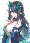  1girl absurdres aqua_hair aqua_horns aqua_tail arknights arms_under_breasts bare_shoulders black_hair black_jacket breasts chinese_commentary cleavage_cutout closed_mouth clothing_cutout colored_extremities commentary_request cowboy_shot crossed_arms dragon_girl dragon_horns dragon_tail dress dusk_(arknights) earrings eyes_visible_through_hair highres horns jacket jewelry lolifreak long_hair looking_at_viewer medium_breasts multicolored_hair necktie off_shoulder open_clothes open_jacket paid_reward_available pointy_ears red_eyes red_necktie sidelocks sleeveless sleeveless_dress solo split_mouth standing streaked_hair tail two-sided_fabric two-sided_jacket white_dress white_tail 