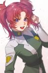  1girl artist_logo breasts commentary_request green_jacket gundam gundam_seed gundam_seed_destiny hand_up highres jacket light_blush long_hair long_sleeves medium_breasts meyrin_hawke military_uniform open_mouth purple_eyes red_hair sidelocks smile solo teeth twintails uniform upper_body upper_teeth_only ususio_11 white_background 