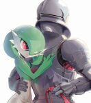  1boy 1girl absurdres arm_around_waist armor full_armor gardevoir helmet highres holding holding_leash knight leash noconcession pokemon pokemon_(creature) red_eyes simple_background upper_body white_background 