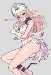  1girl alternate_costume artist_name bare_legs bare_shoulders black_choker blush breasts bridal_gauntlets chain choker corrin_(female)_(fire_emblem) corrin_(fire_emblem) feather_dress feather_hair_ornament feathered_wings feathers fire_emblem fire_emblem_engage fire_emblem_fates gauntlets green_hair grey_background hair_ornament highres large_breasts long_hair looking_at_viewer open_mouth patreon_logo pointy_ears raydango red_eyes sharp_teeth simple_background solo_focus teeth veyle_(fire_emblem) wings 