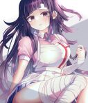 1girl apron bandaged_arm bandaged_leg bandages black_hair blush breasts brown_eyes commentary_request danganronpa_(series) danganronpa_2:_goodbye_despair frown grey_background highres hong_(beniimo_hnkn) large_breasts long_hair looking_at_viewer mole mole_under_eye pink_shirt puffy_short_sleeves puffy_sleeves shirt short_sleeves solo tsumiki_mikan white_background 