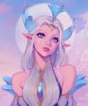  1girl absurdres bare_shoulders blue_eyes cloud cloudy_sky crescentkitten crying detached_sleeves hair_ornament head_wings highres immortal_journey_soraka jewelry league_of_legends long_hair official_alternate_costume pointy_ears sky solo soraka_(league_of_legends) tears white_hair wings 