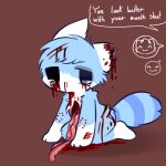  1:1 anthro bite_mark blood blue_body blue_fur bodily_fluids chest_tuft crying dialogue domestic_cat english_text felid feline felis female fluffy fluffy_tail fur gore guts mammal nosebleed organs red_background rzstar scar simple_background sky_(rzstar) solo tail tears text tuft vent_art why 
