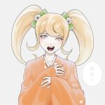  1girl :d blonde_hair bow cat_hair_ornament collarbone danganronpa_(series) danganronpa_2:_goodbye_despair grey_background hair_bow hair_ornament hands_up highres japanese_clothes kimono ling_yun_(amadare0803) long_hair long_sleeves orange_kimono saionji_hiyoko sideways_glance simple_background smile speech_bubble teeth tongue twintails upper_teeth_only 