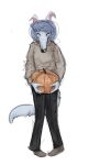  2022 ambiguous_gender anthro banoncat blue_body blue_fur blue_hair canid canine canis clothing coyote eyes_closed food fruit fur hair hi_res holding_object knock-kneed long_snout mammal plant pumpkin simple_background slimp snout solo sweater topwear 