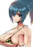  1girl bare_shoulders beniazumaru bikini blue_eyes blue_hair breasts camouflage camouflage_bikini cleavage highres large_breasts leona_heidern looking_at_viewer muscular muscular_female ponytail simple_background skindentation solo string_bikini swimsuit the_king_of_fighters underboob white_background 