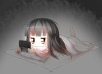  barefoot bikuseno black_background black_hair blanket chibi futon handheld_game_console houraisan_kaguya long_hair lying neet nintendo_3ds pillow playing_games red_eyes solo touhou 